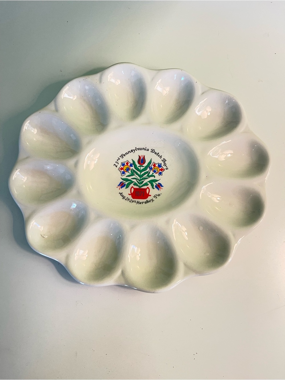 Vintage  1971 white ceramic deviled egg plate